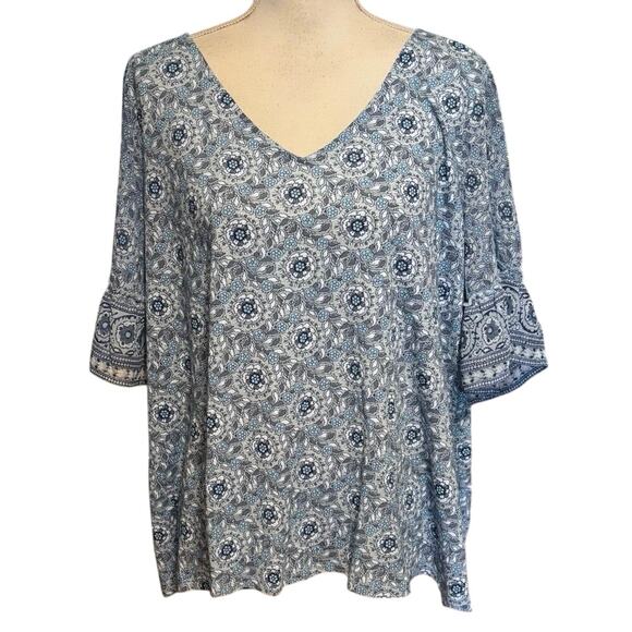 Lucky Brand Plus Size 2X Blue Print Boho Top Shirt V Neck  Sheer Ruffle Sleeve - Picture 1 of 5